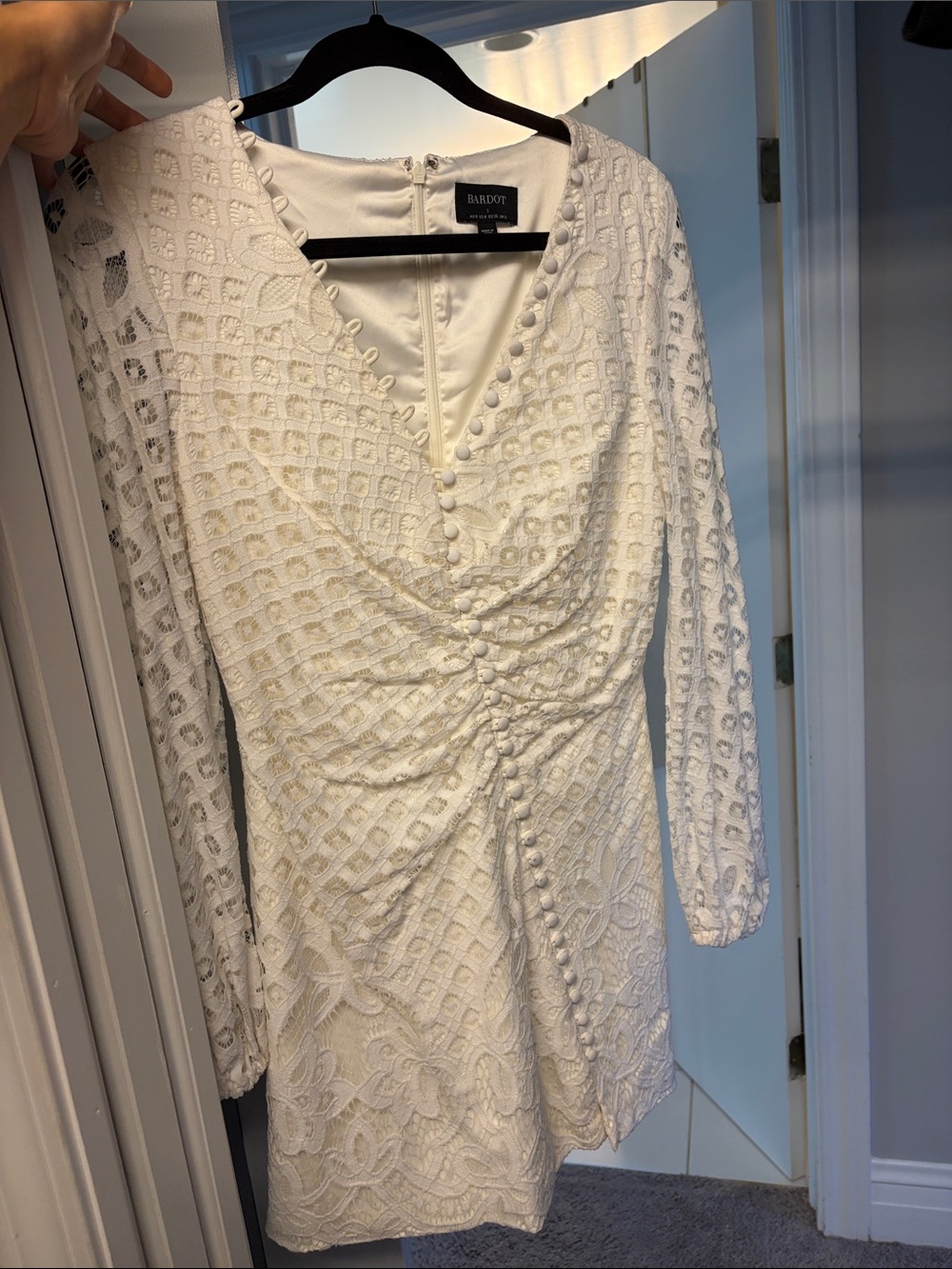 Bardot Ivory Lace Long-Sleeve Mini Dress with Button Detail